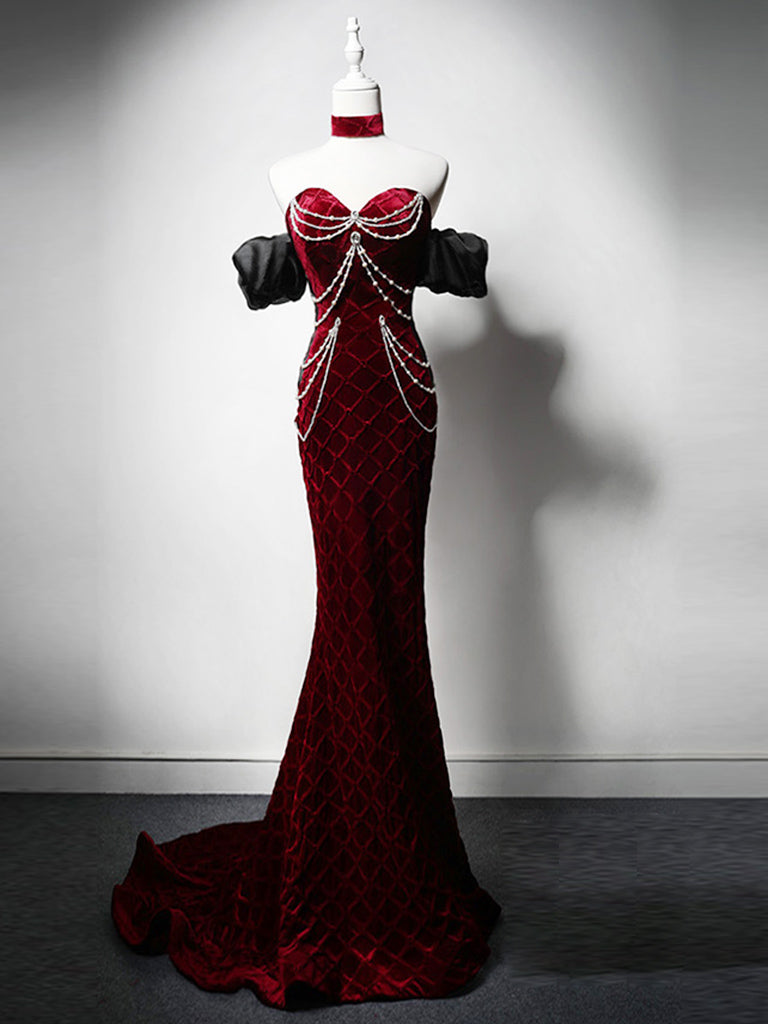 Unique Mermaid Velvet Burgundy Long Prom Dress Burgundy Long Evening Dress