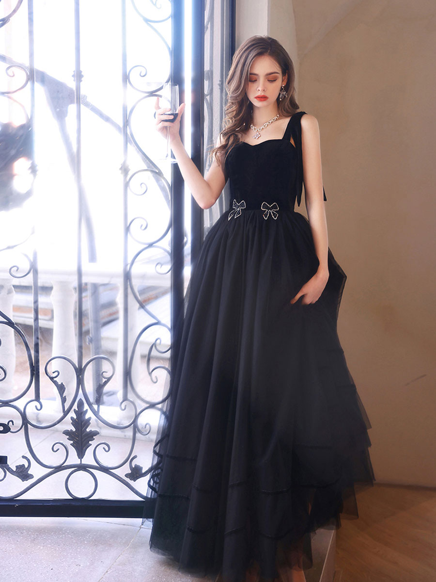 Black Sweetheart Neck Tulle Long Prom Dress Black Evening Dress