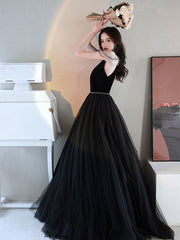 Black A-Line Tulle Beaded Long Prom Dress Black Evening Dress