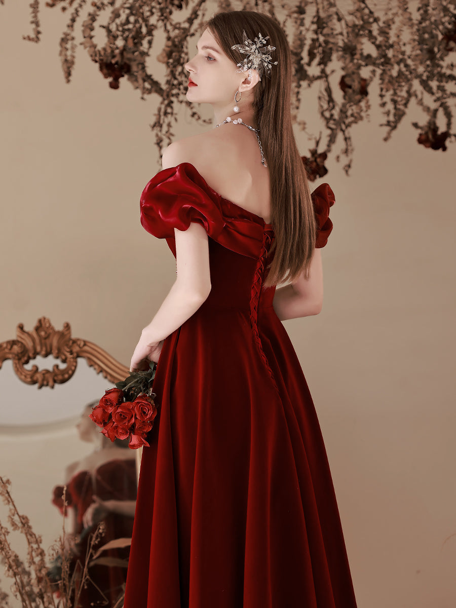 A-Line Off-Shoulder Velvet Burgundy Long Prom Dress Tea Burgundy Evening Dress