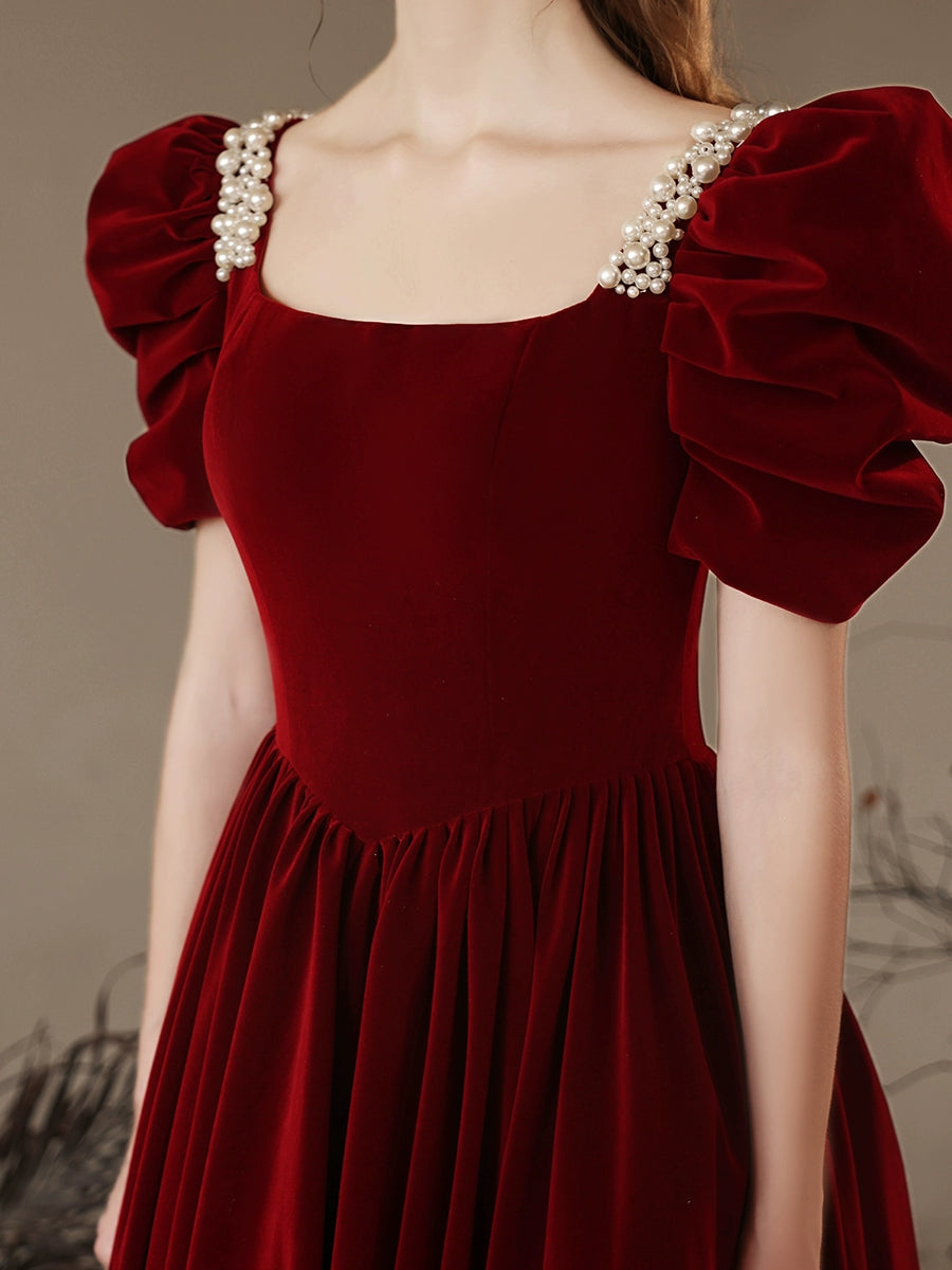 A-Line Velvet Burgundy Long Prom Dress Burgundy Long Formal Dress