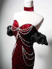 Unique Mermaid Velvet Burgundy Long Prom Dress Burgundy Long Evening Dress