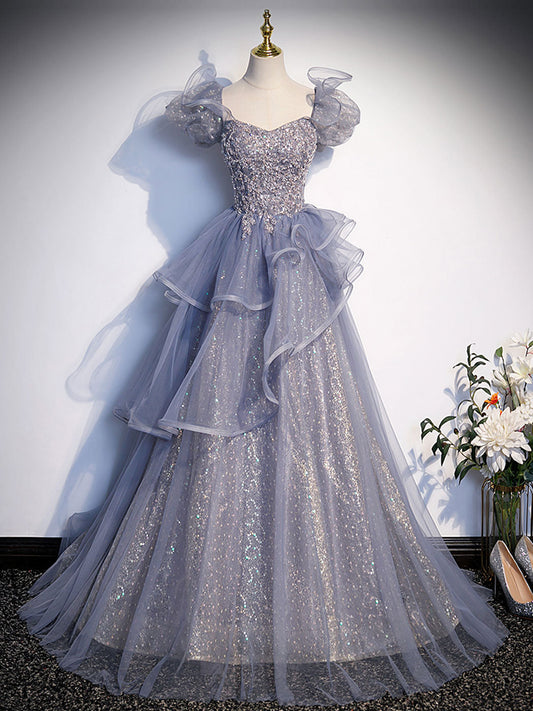 A-Line Gray Sequin Long Prom Dress Sequin Tulle Formal Evening Dress