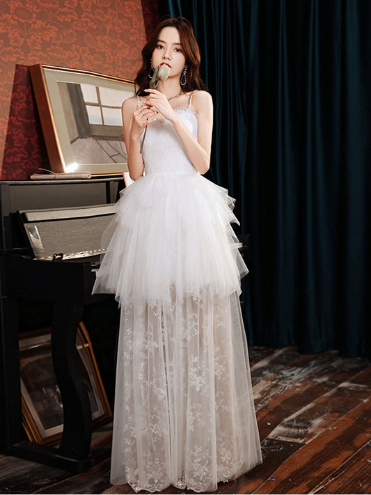 White Sweetheart Neck Tulle Lace Long Prom Dress White Formal Dress