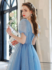 Blue A-Line V-Neck Sequin Tulle Long Prom Dress Blue Formal Evening Dress