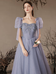 A-Line Sweetheart Neck Tulle Beaded Blue Long Prom Dress Blue Long Evening Dress