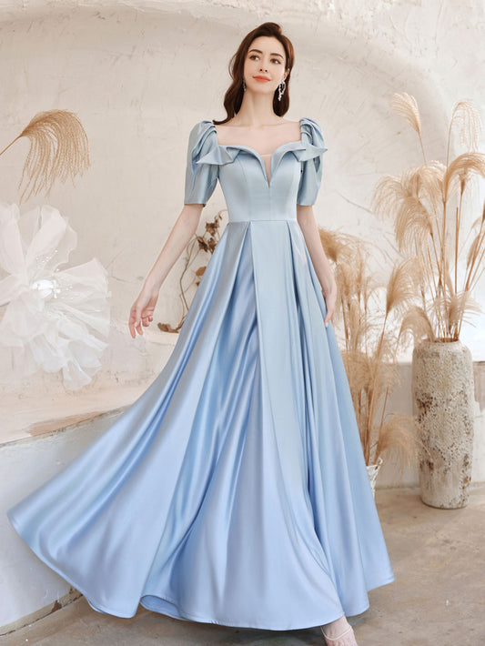 A-Line Square Neckline Satin Blue Long Prom Dress Blue Formal Evening Dress