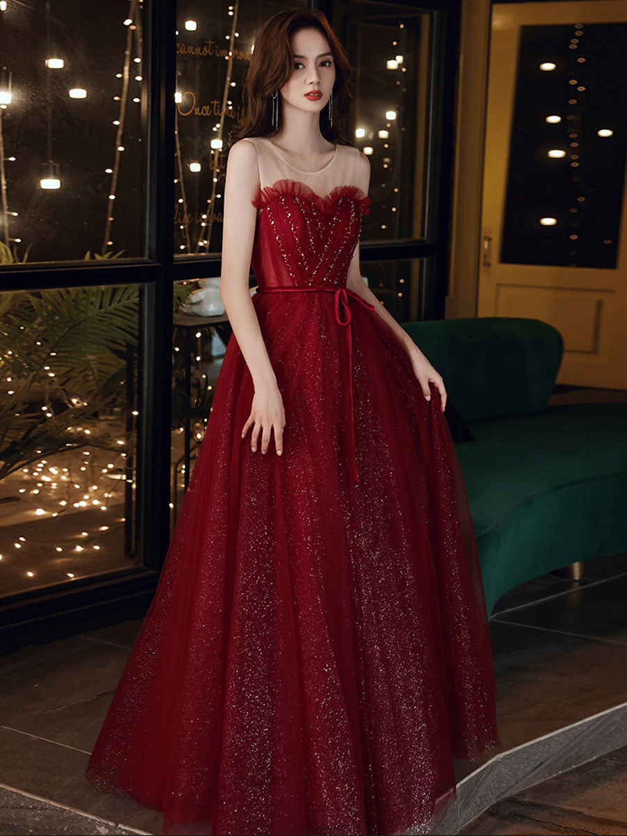 A-Line Round Neck Tulle Sequin Long Prom Dress Burgundy Formal Dress