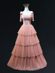 A-Line Pink Tulle Long Prom Dress Pink Formal Evening Dress