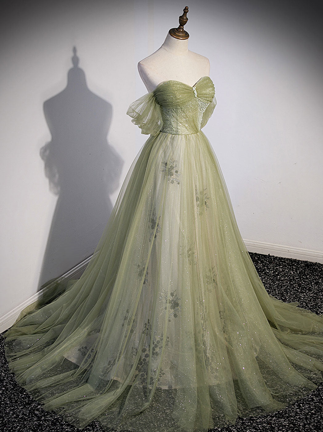 A-Line Green Tulle Long Prom Dress Green Formal Evening Party Dress