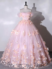 Pink Off-Shoulder Tulle Lace Appliqu¨¦ Long Prom Dress Pink Sweet 16 Dress