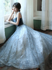 A-Line Tulle Sequin Long Prom Dress Blue Tulle Long Evening Dress