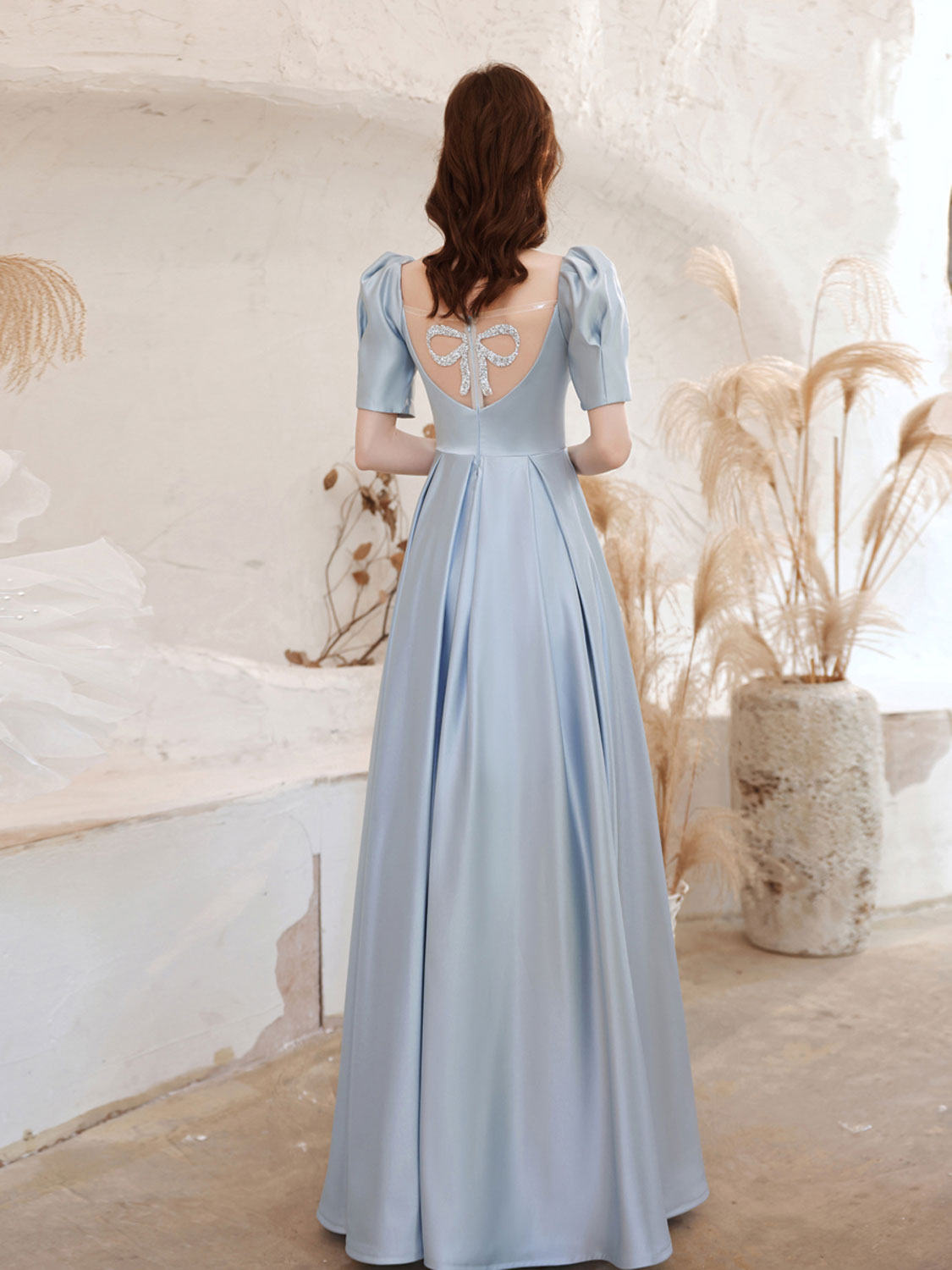 A-Line Square Neckline Satin Blue Long Prom Dress Blue Formal Evening Dress