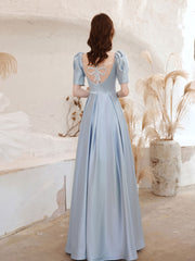 A-Line Square Neckline Satin Blue Long Prom Dress Blue Formal Evening Dress