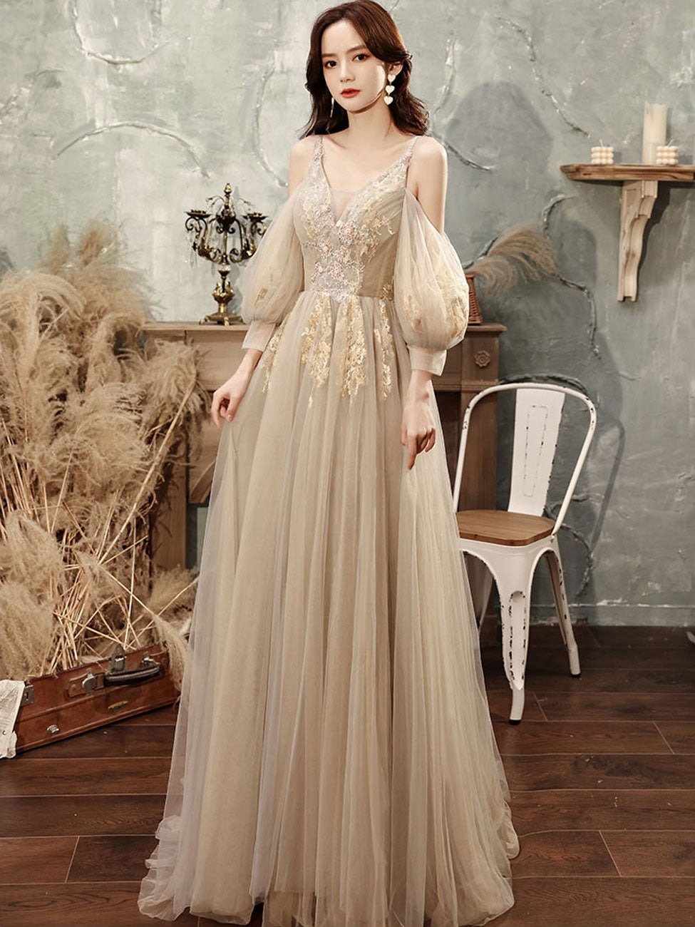 Champagne A-Line Tulle Lace Long Prom Dress Lace Formal Graduation Dress