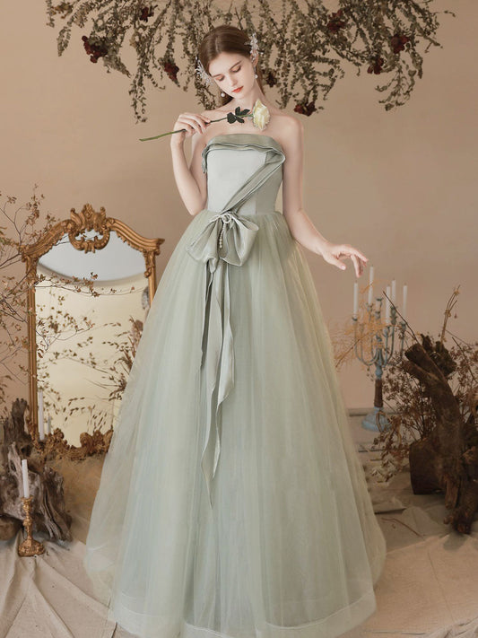 A-Line Tulle Light Green Long Prom Dress Green Formal Evening Dress