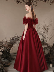 A-Line Off-Shoulder Satin Burgundy Long Prom Dress Burgundy Long Formal Dress