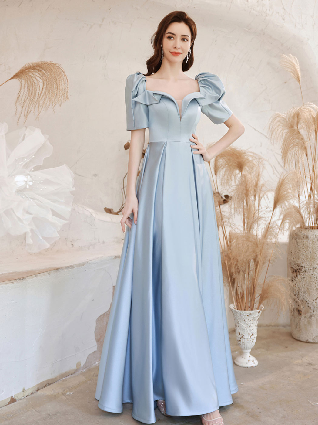 A-Line Square Neckline Satin Blue Long Prom Dress Blue Formal Evening Dress