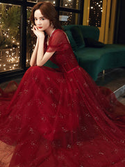 Burgundy A-Line Tulle Sequin Long Prom Dress Burgundy Tulle Formal Dress