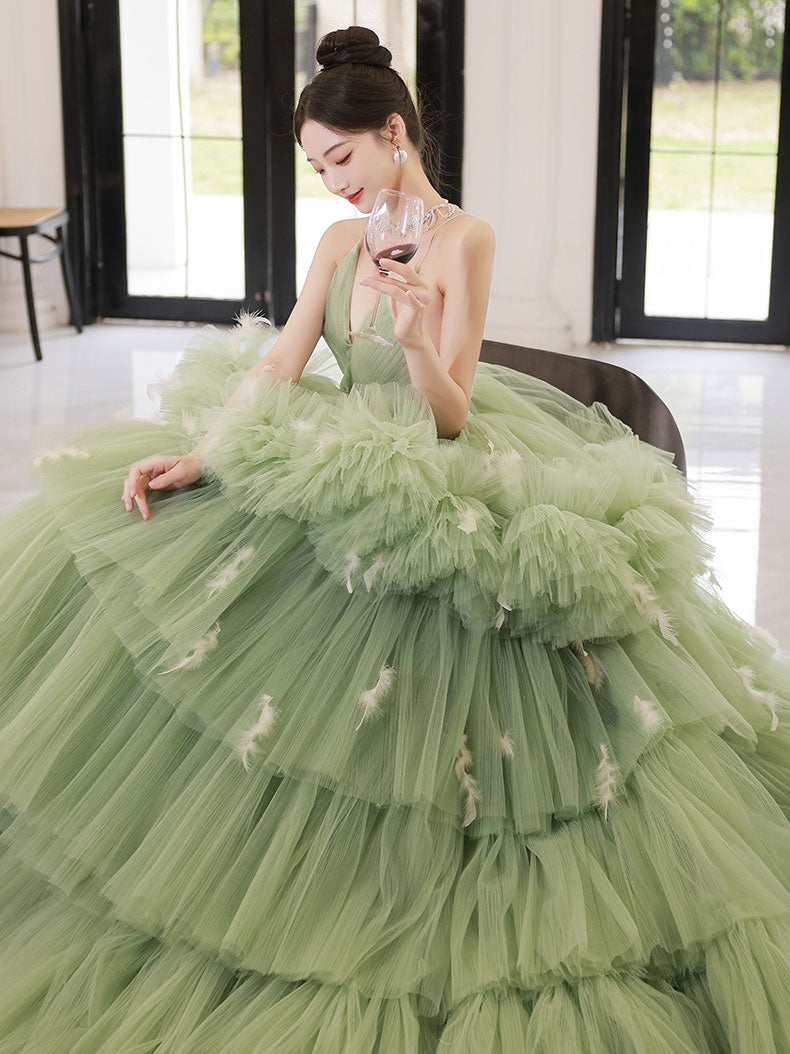 Green V-Neck Tulle Long Prom Dress Green Tulle Sweet 16 Dress