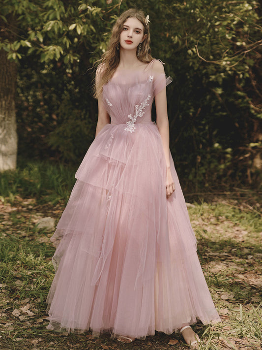 A-Line Tulle Pink Long Prom Dress Formal Pink Graduation Dress with Lace Beading