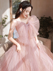 Pink A-Line Tulle Long Prom Dress Pink Formal Evening Dress