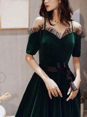 Green A-Line Velvet Long Prom Dress Green Evening Dress