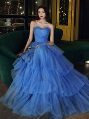 Blue Sweetheart Neck Long Prom Dress Formal Blue Graduation Dress Sweet 16 Dress