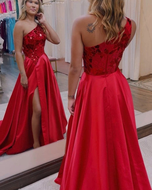 Magnolia Dressystars A Line One Shoulder Sequin Material  Long Elegant Prom Dress with Split Design