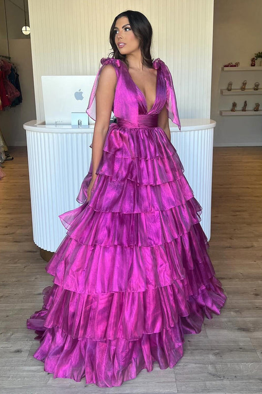 Fuchsia A Line V-Neck Long Ruffled Prom Dress