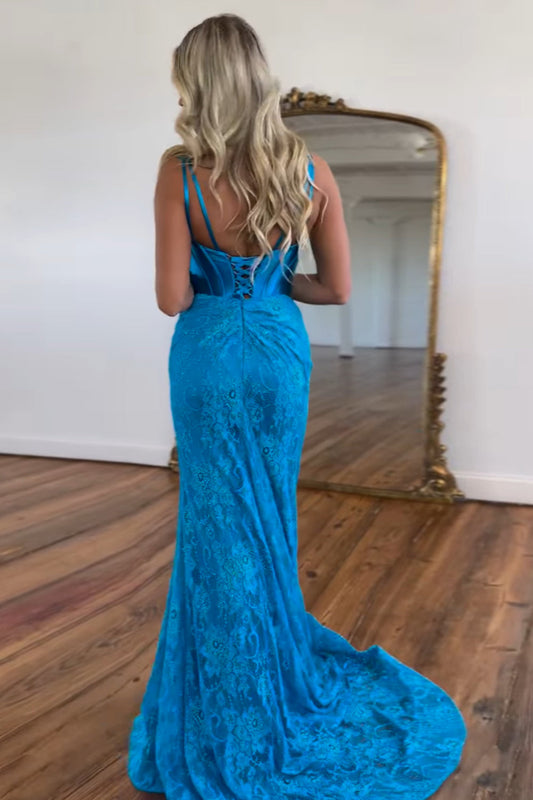 Sparkly Blue V-Neck Mermaid Corset Long Prom Dress with Slit