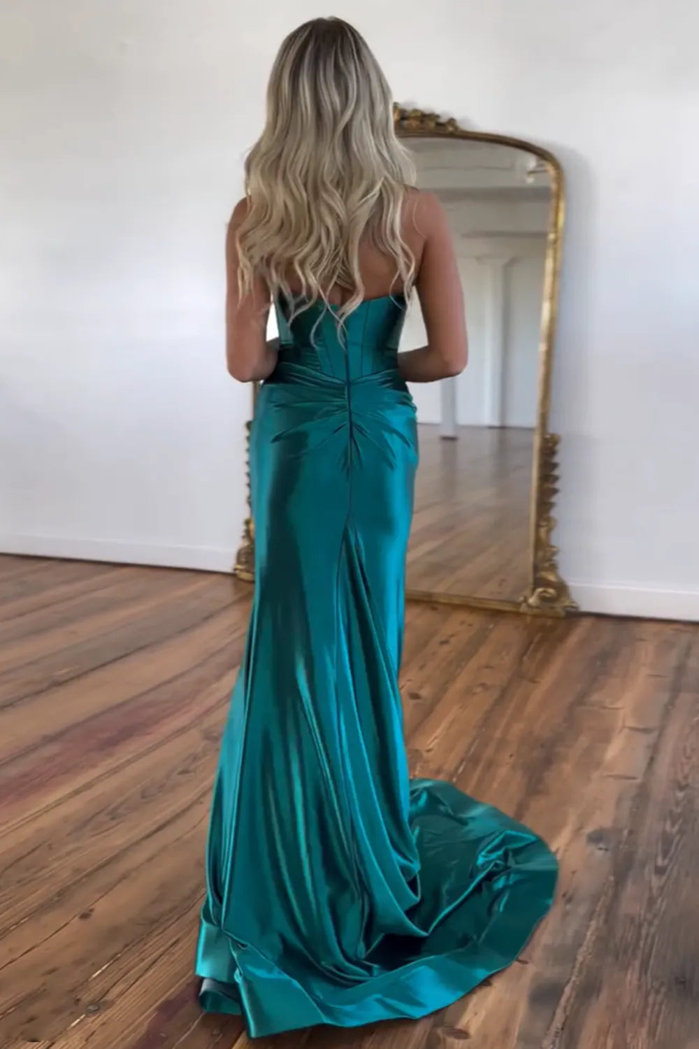 Golden Mermaid Strapless Metallic Corset Long Prom Dress With Slit