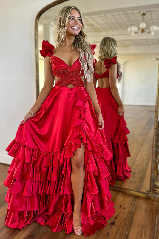 A Line Red Hollow Out Tiered Satin Long Prom Dress with Ruffles