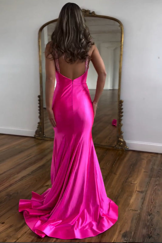 Sparkly Fuchsia Halter Mermaid Hollow Out Prom Dress with Slit