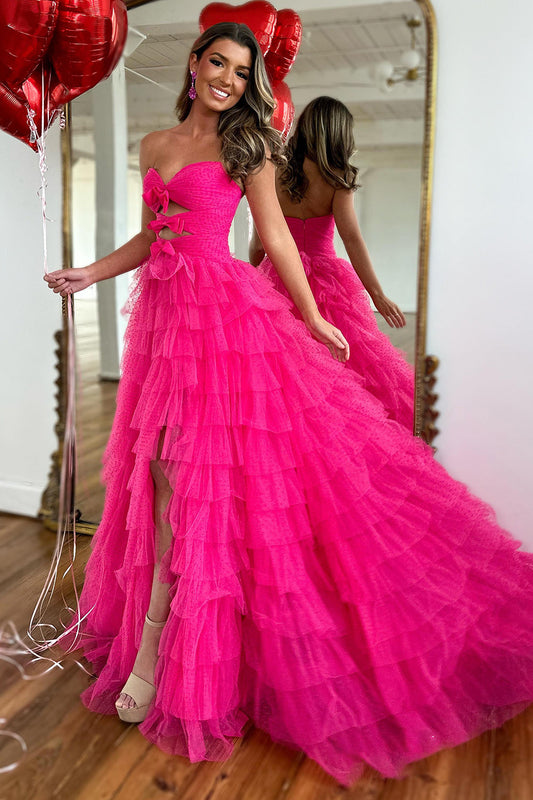 A Line Fuchsia Strapless Tiered Tulle Long Prom Dress with Bow