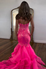 Sparkly Fuchsia Spaghetti Straps Corset Long Prom Drss with Ruffles