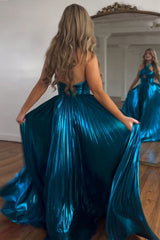 Peacock Blue Halter Neck A-Line Long Elegant Prom Dress With Split Design