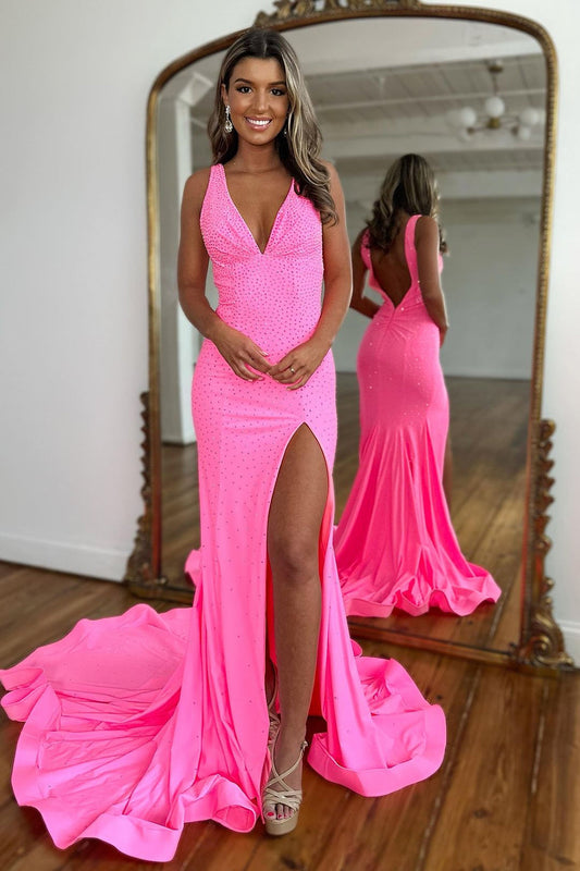 Shiny Girly Pink Mermaid Sexy V-Neck Sweep Train Delicate Beaded  Elegant Prom Dress With Split Design