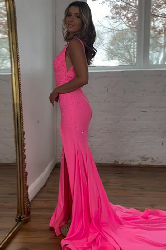 Shiny Girly Pink Mermaid Sexy V-Neck Sweep Train Delicate Beaded  Elegant Prom Dress With Split Design