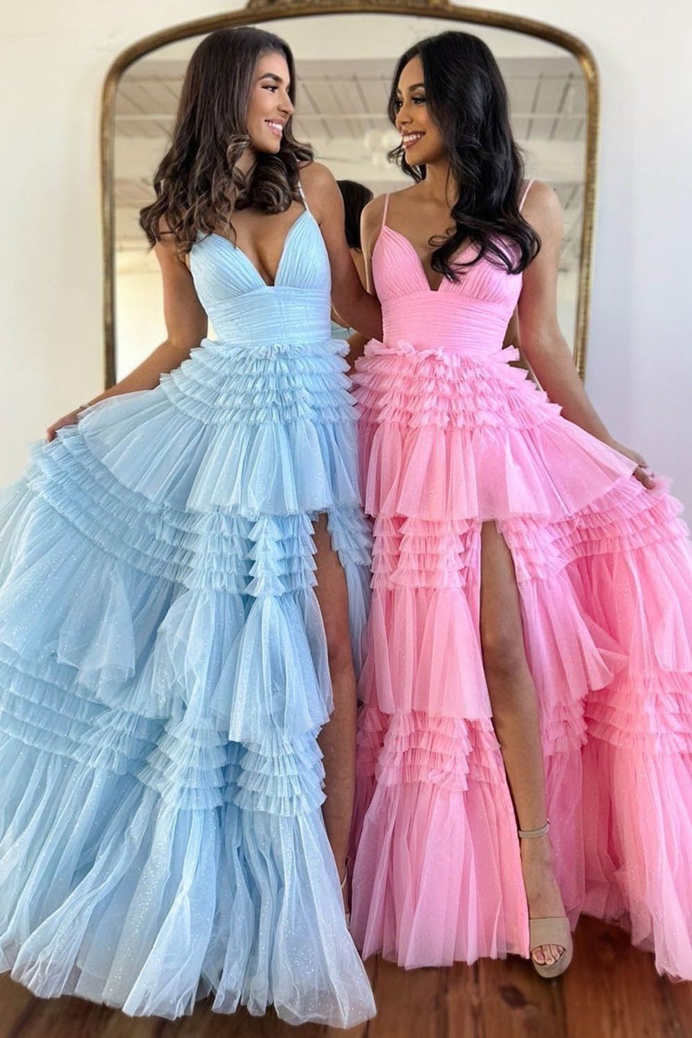 Dressystars Spaghetti Straps Long Tiered Tulle Material  A-Line Elegant Prom Dress With Split Design