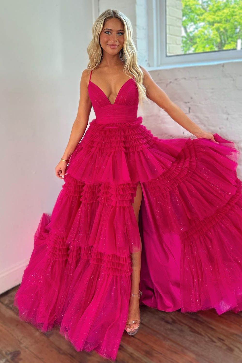 Dressystars Spaghetti Straps Long Tiered Tulle Material  A-Line Elegant Prom Dress With Split Design