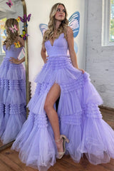 Dressystars Spaghetti Straps Long Tiered Tulle Material  A-Line Elegant Prom Dress With Split Design