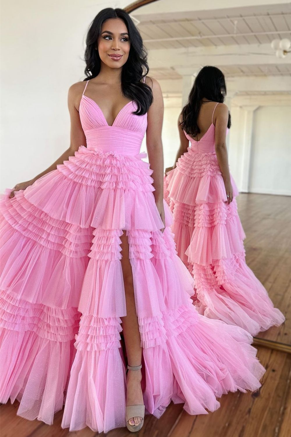 Dressystars Spaghetti Straps Long Tiered Tulle Material  A-Line Elegant Prom Dress With Split Design