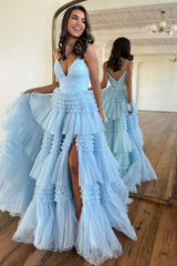 Dressystars Spaghetti Straps Long Tiered Tulle Material  A-Line Elegant Prom Dress With Split Design