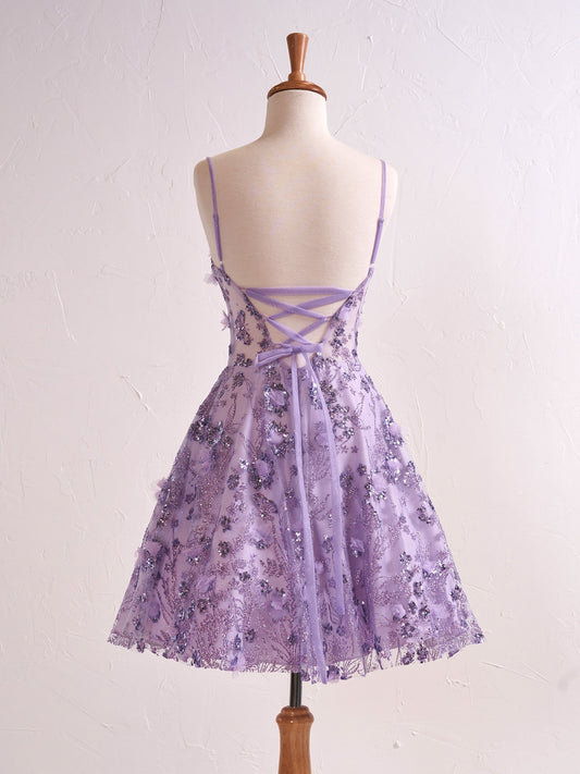 strapless bandeau version lavender floral heart shaped short cocktail dress