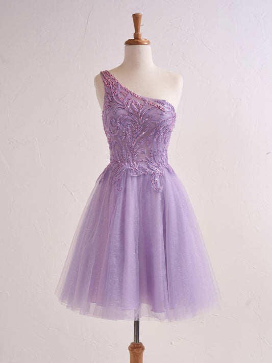 Amiri Dressystars  One Shoulder A-line Lilac Short Homecoming Dress with Delicate Appliques