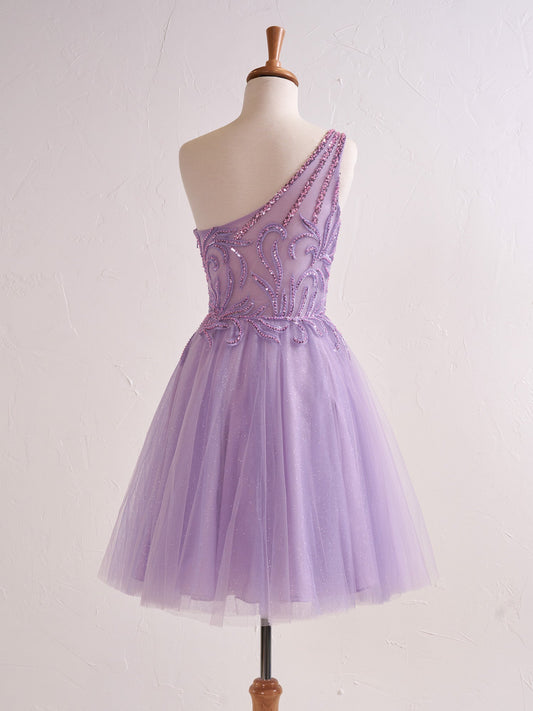 Amiri Dressystars  One Shoulder A-line Lilac Short Homecoming Dress with Delicate Appliques