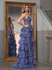 Long Lace Off-the-shoulder A-Line Tiered Elegant Prom Dress with Split Design