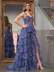 Long Lace Off-the-shoulder A-Line Tiered Elegant Prom Dress with Split Design