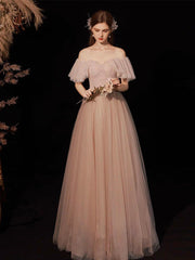 A-Line Sweetheart Neck Tulle Pink Long Prom Dress Pink Tulle Long Evening Dress